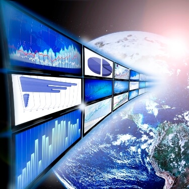 Stock photo of world with analytic dashboard screens flowing into the world