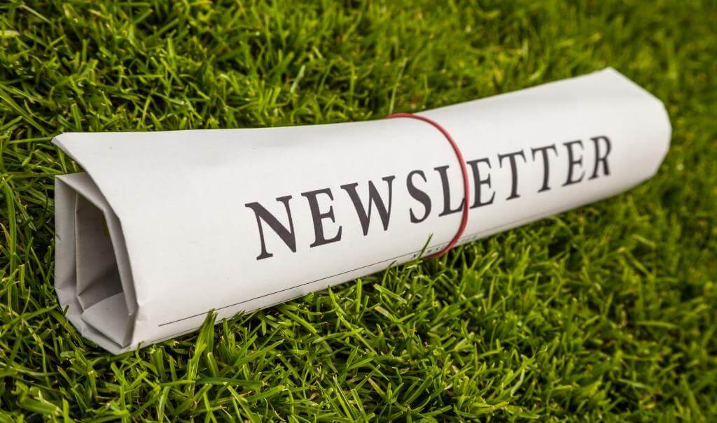 Stock photo of newspaper lying on grass wrapped in rubber band with "Newsletter" heading