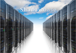 Stock photo of server room with clouds in background and the text "Shadowbase" at top