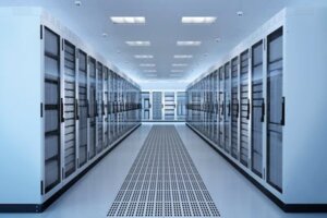 Stock photo of server room with lights and temperature-controlled servers