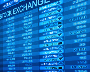 Blue stock exchange ticker with up and down arrows