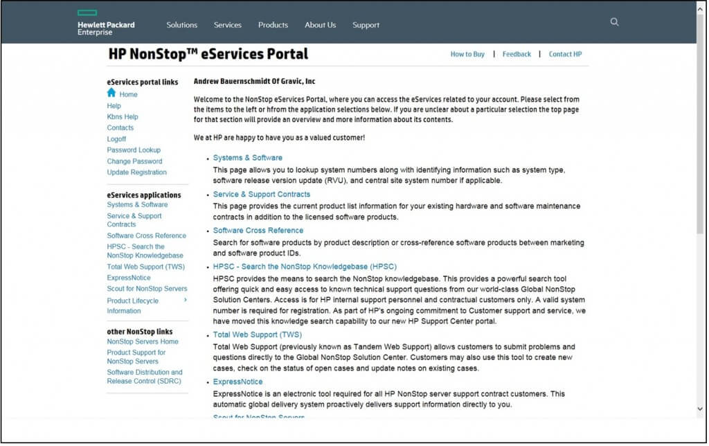 HP NS Eservices Portal Homescreen