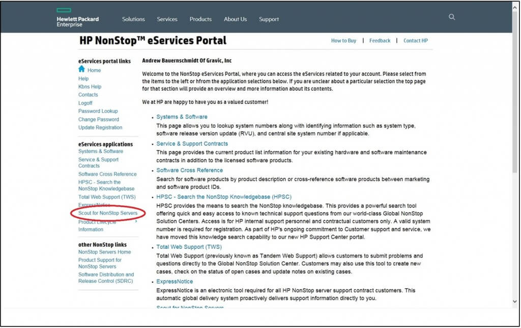 HP NS Eservices Portal Homescreen red circle around text "Scout for NonStop Servers"