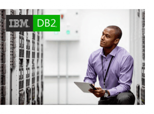 IBM DB2 logo on HPE stock photo of man staring at servers in server room