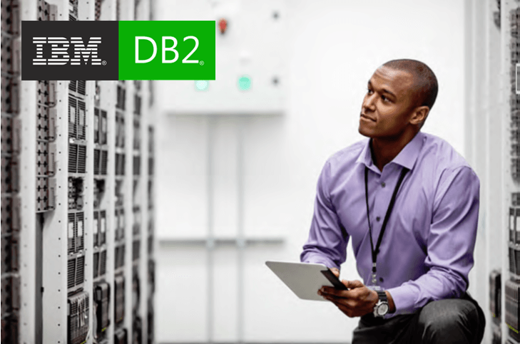 IBM DB2 logo on HPE stock photo of man staring at servers in server room