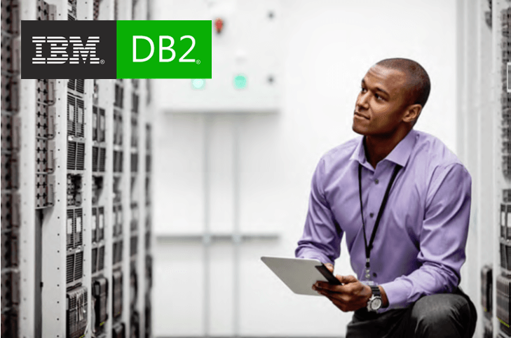 IBM DB2 logo on an HPE stock photo of a man looking at servers in a server room